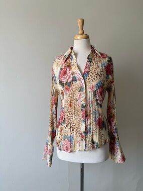 Caviar Pleated Floral Blouse Animal Print Y2K Button Up Top Size M